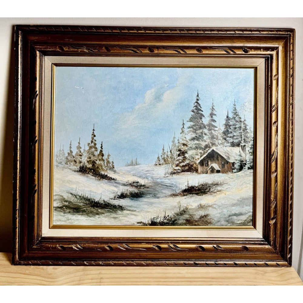 VTG‎ 70s Oil Painting Framed Barn Landscape Winter Artist Signed 28x24" Cabin